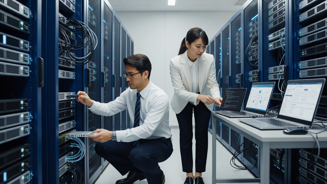 エンジニアがサーバールームでクラウド環境を構築している様子
